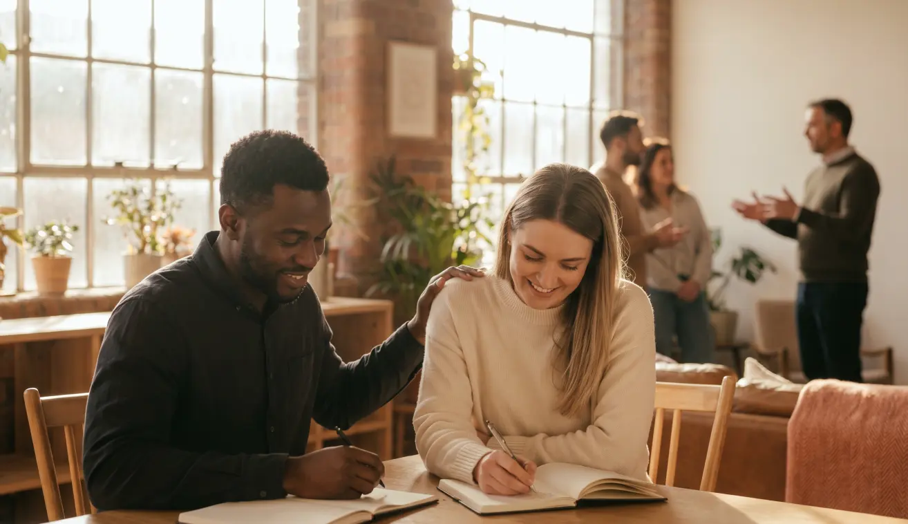 Couples working through exercises in a MarriageWorks Couples Intensive workshop session